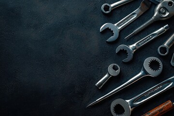 Spanners and tools on dark black background. Top view with copy space