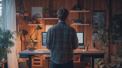 Fototapeta premium A person using a standing desk in a minimalist home office, emphasizing the importance of ergonomics and health in remote work environments.