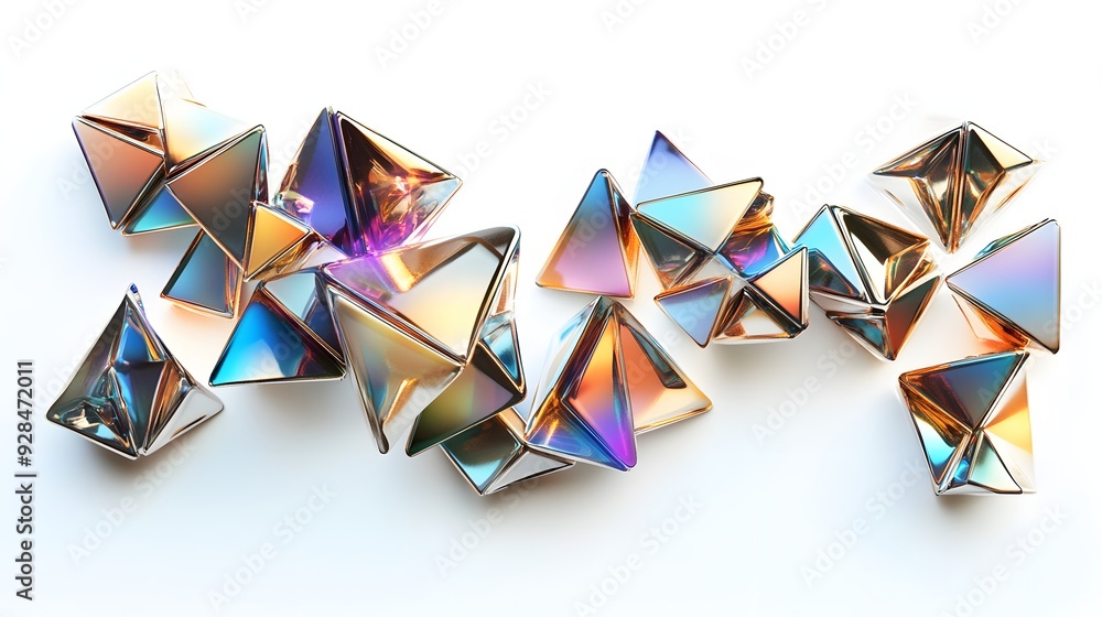 Poster 14. geometric shapes with metallic sheen arranged in a dynamic 3d pattern, isolated on a pure white 