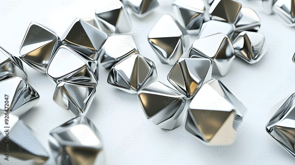 Poster 14. geometric shapes with metallic sheen arranged in a dynamic 3d pattern, isolated on a pure white 