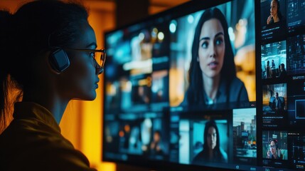 A person in a video conference call with colleagues, the screen showing a diverse team engaged in a virtual meeting, illustrating the remote work dynamic.