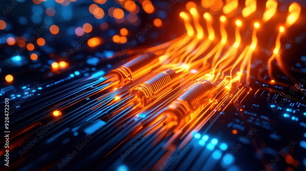 Aufkleber close-up of glowing optical fibers and cables with abstract light trails depicting high-speed data c
