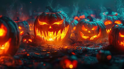 Fototapeta premium A group of halloween lanterns are gathered together, each with a glowing face.