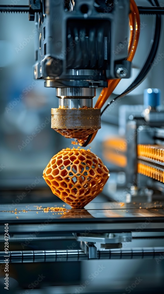 Poster 3d printer creating detailed model in modern workspace technology concept