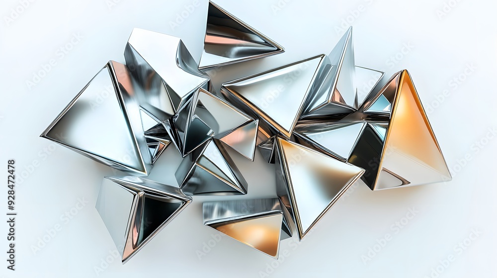 Aufkleber 14. geometric shapes with metallic sheen arranged in a dynamic 3d pattern, isolated on a pure white 
