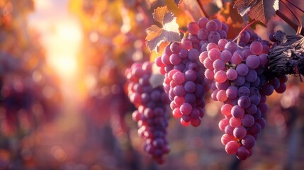 A picturesque vineyard scene featuring clusters of purple grapes hanging from vines