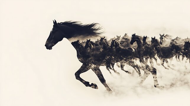 Black stallion running wild on the beach, silhouette of a majestic equine galloping through the waves