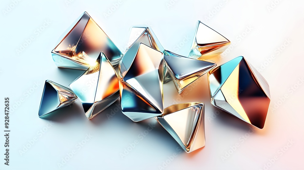 Poster 14. geometric shapes with metallic sheen arranged in a dynamic 3d pattern, isolated on a pure white 