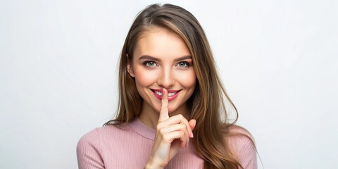 Fototapeta premium A quietly confident young woman with a subtle smile touches her finger to her lips, exuding positivity and introspection against a crisp white studio backdrop.