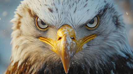 Close-up of a majestic bald eagle with an intense stare, feathers detailed and realistic