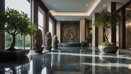 An inviting entrance hall featuring a tall indoor tree 