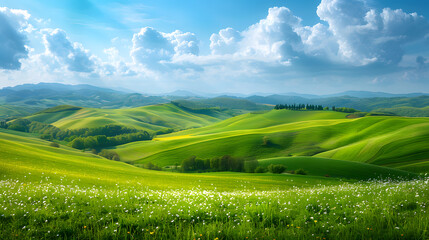 Fototapeta premium A picturesque countryside scene in spring, with rolling hills covered in fresh green grass, a patchwork of blooming fields, and a bright blue sky dotted with fluffy white clouds.