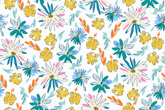 Cute hand drawn feminine watercolor seamless pattern with wildflowers.