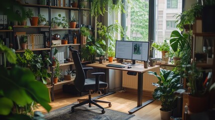 A cozy home office with a standing desk, ergonomic chair, and houseplants, blending comfort and professionalism for an ideal remote work environment.