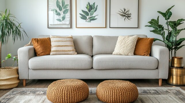 A cozy living room featuring a plush gray sofa, soft textured rugs, and golden decorative accents, with a bright white wall.