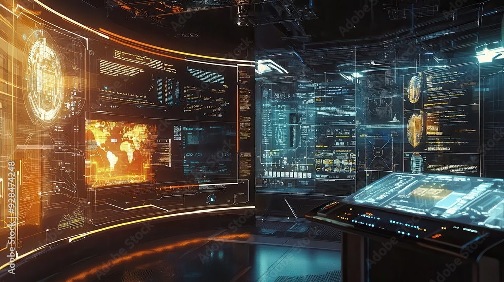 Poster futuristic augmented reality interface with transparent screens and tech elements, space for text ov