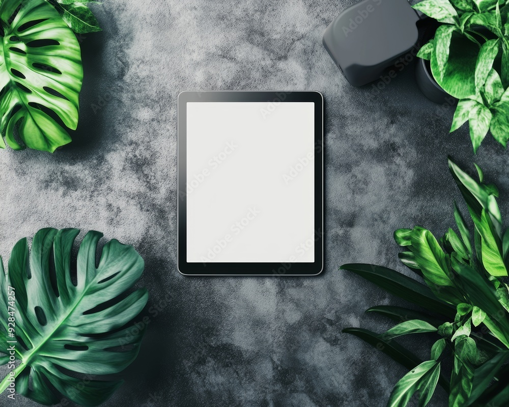 Poster top view of a tablet mockup with a clipping path. modern tablet display mockup scene. tablet with em