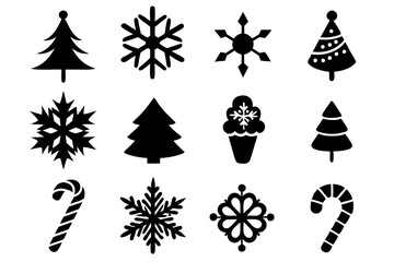 Design a logo icon 12 set featuring silhouettes of a Christmas tree, a candy cane, and a snowflake. Each silhouette should capture the festive spirit of the holiday, presented in a clean and minimalis