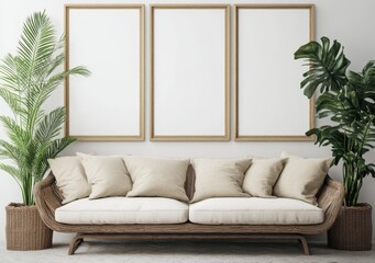 Mock up of an interior poster on the wall with two vertical frames in a Scandinavian style living room. It's a 3D rendering.