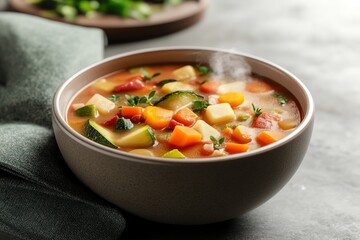 Steaming bowl of hearty vegetable soup with zucchini, carrots, and herbs.