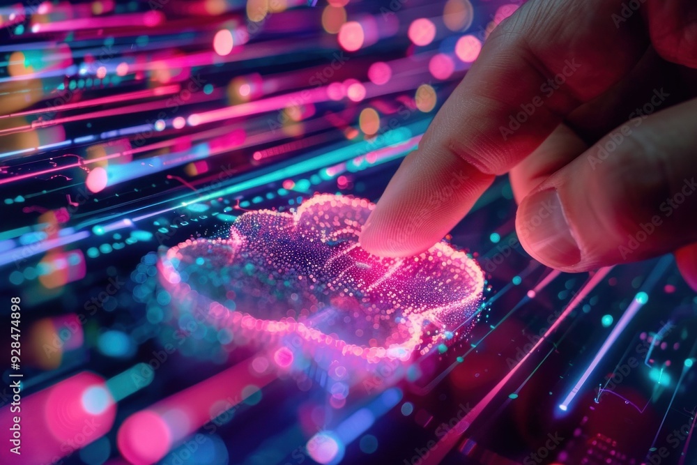 Aufkleber digital interaction with a glowing cloud symbol, showcasing technology and connectivity on a colorfu