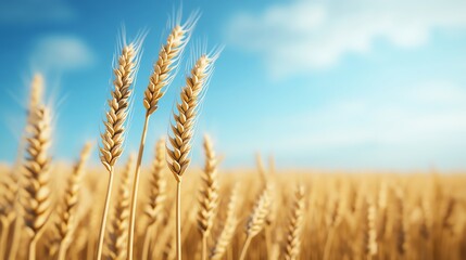 Fototapeta premium Golden wheat stalks against a blue sky, symbolizing harvest and abundance.