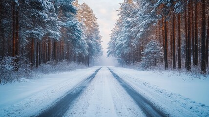Fototapeta premium Snowy road through a pine forest, untouched and pristine winter scene.