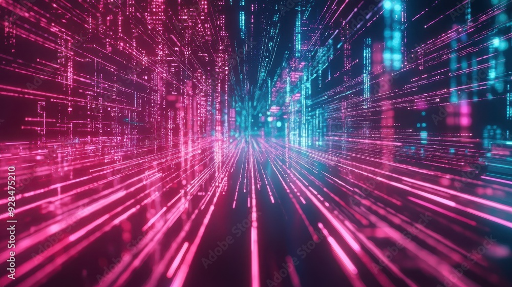 Poster futuristic digital matrix with vibrant lines and clear area for tech-themed text
