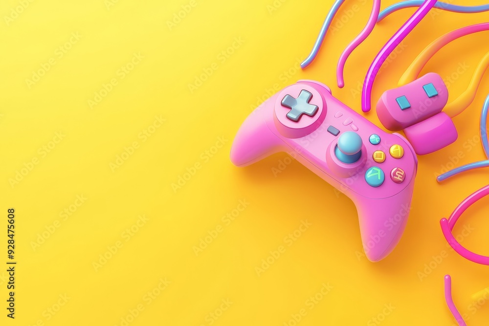 Poster standard game controllers with joysticks and game pads on yellow background. 3d render.