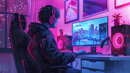 Fototapeta premium animation of a gamer in his pc room with neon lights