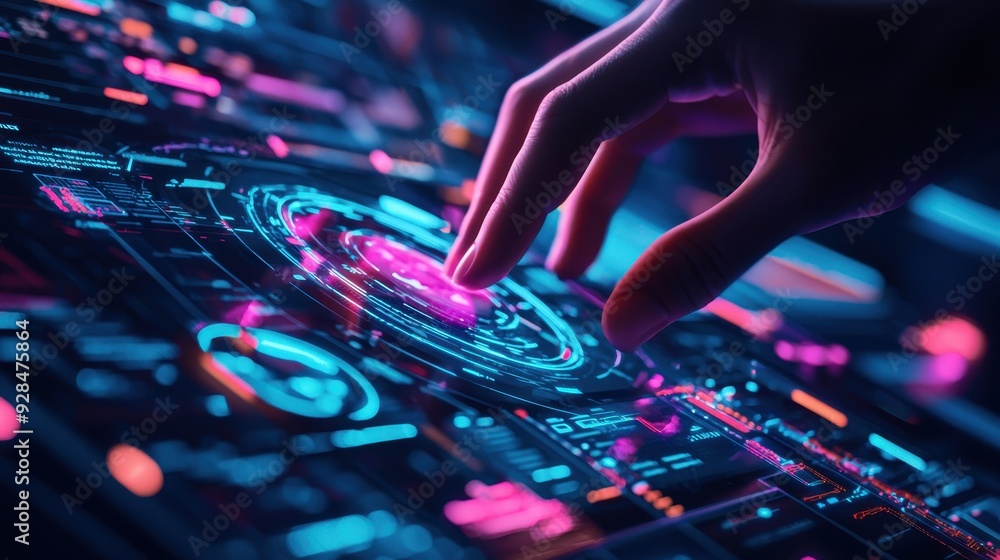 Poster digital interface control: a close-up shot of a hand interacting with a futuristic, neon-lit digital