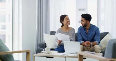 Laptop, documents and happy couple reading, talking and smile for investment data, bills payment or finance revenue. Economy, loan success and home people check tax break, income invoice or credit - Powered by Adobe