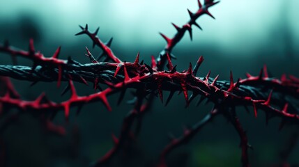 Close-up of red thorny branches creating a dramatic and moody atmosphere in nature, highlighting the textures and contrasts.