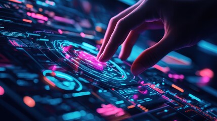 Digital Interface Control: A close-up shot of a hand interacting with a futuristic, neon-lit digital interface, emphasizing the seamless integration of technology and human control. The image evokes a