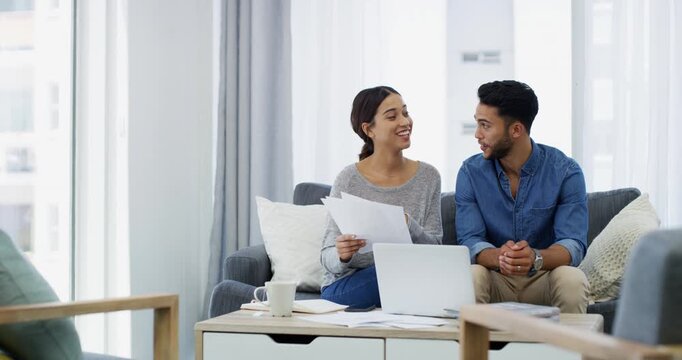 Laptop, documents and happy couple reading, talking and smile for investment data, bills payment or finance revenue. Economy, loan success and home people check tax break, income invoice or credit