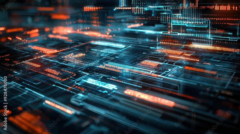 Fototapete futuristic tech concept with vibrant data interfaces and clean space for adding text