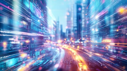 Abstract Cityscape with Digital Code and Lights