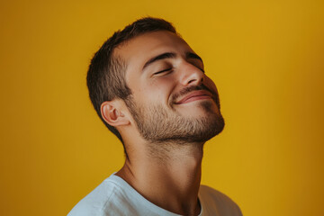 Obraz premium A close up of a man's face with his eyes closed