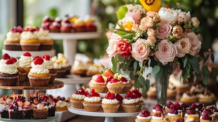 A beautiful and colorful dessert table with cupcakes, cakes, berries, and flowers in the background, featuring a pink color scheme, natural lighting, depth of field, and a focus on the front view. The