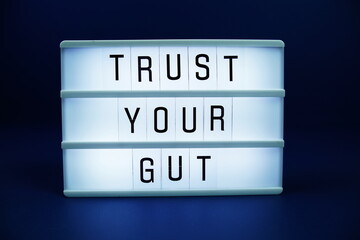 Trust Your Gut letterboard text on LED Lightbox on blue background