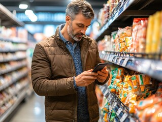 Middle aged man shopping for products and scanning barcode with smartphone at supermarket