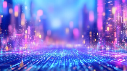 Abstract Cityscape with Neon Lights and Digital Lines