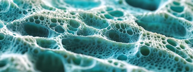 Close-up of an organic structure with teal and emerald hues, resembling delicate lace. The intricate patterns form complex geometric shapes that resemble hexagons or circles, creating the illusion of 
