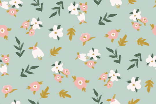 Cute hand drawn feminine watercolor seamless pattern with wildflowers.