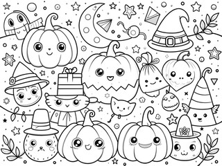 Happy Halloween Hand drawn kawaii coloring book illustration AI generated