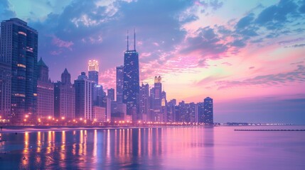 Fototapeta premium A panoramic view of Chicago's skyline glowing under a dramatic twilight sky, reflecting on the calm waters of Lake Michigan.
