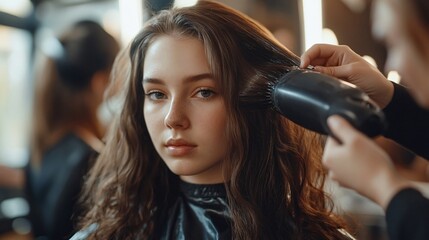 Naklejka premium Professional Hairdresser Blow Drying Client's Hair in Salon Closeup