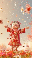 A joyful child in traditional attire celebrates amidst falling flowers.
