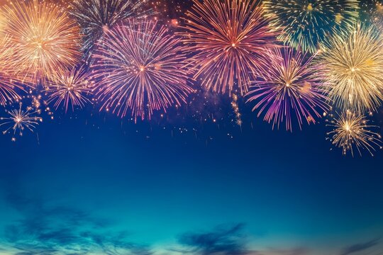 Festive, colorful fireworks display against a dark blue sky background