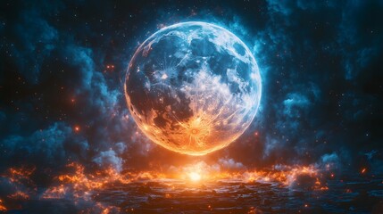 Fiery Moon in a Cosmic Nebula High-Resolution Sci-Fi Fantasy Digital Art